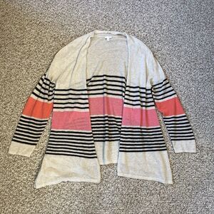 J Jill Linen Blend Open Cardigan Size L Striped Coastal Lightweight Summer Beach